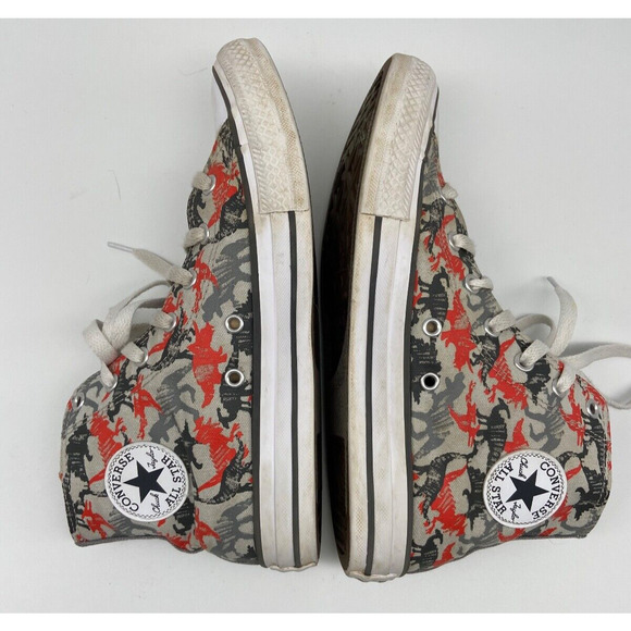 Chuck‎ Taylor Converse Sneakers Junior Sz 5 High Top Dinosaur Print Gray /Red - Picture 1 of 12